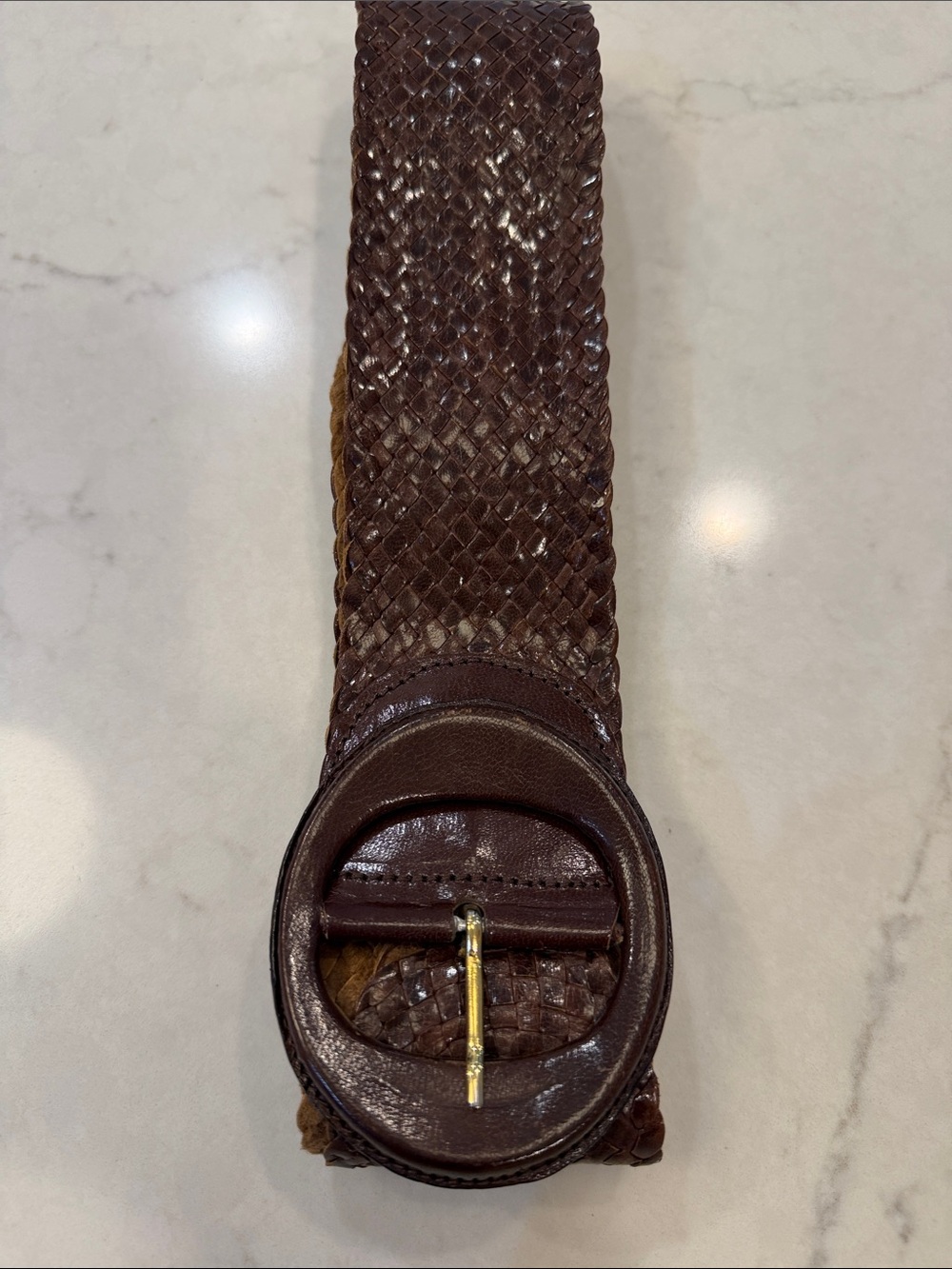 Nordstrom Woven‎ Brown Leather Waist Belt with Round Buckle